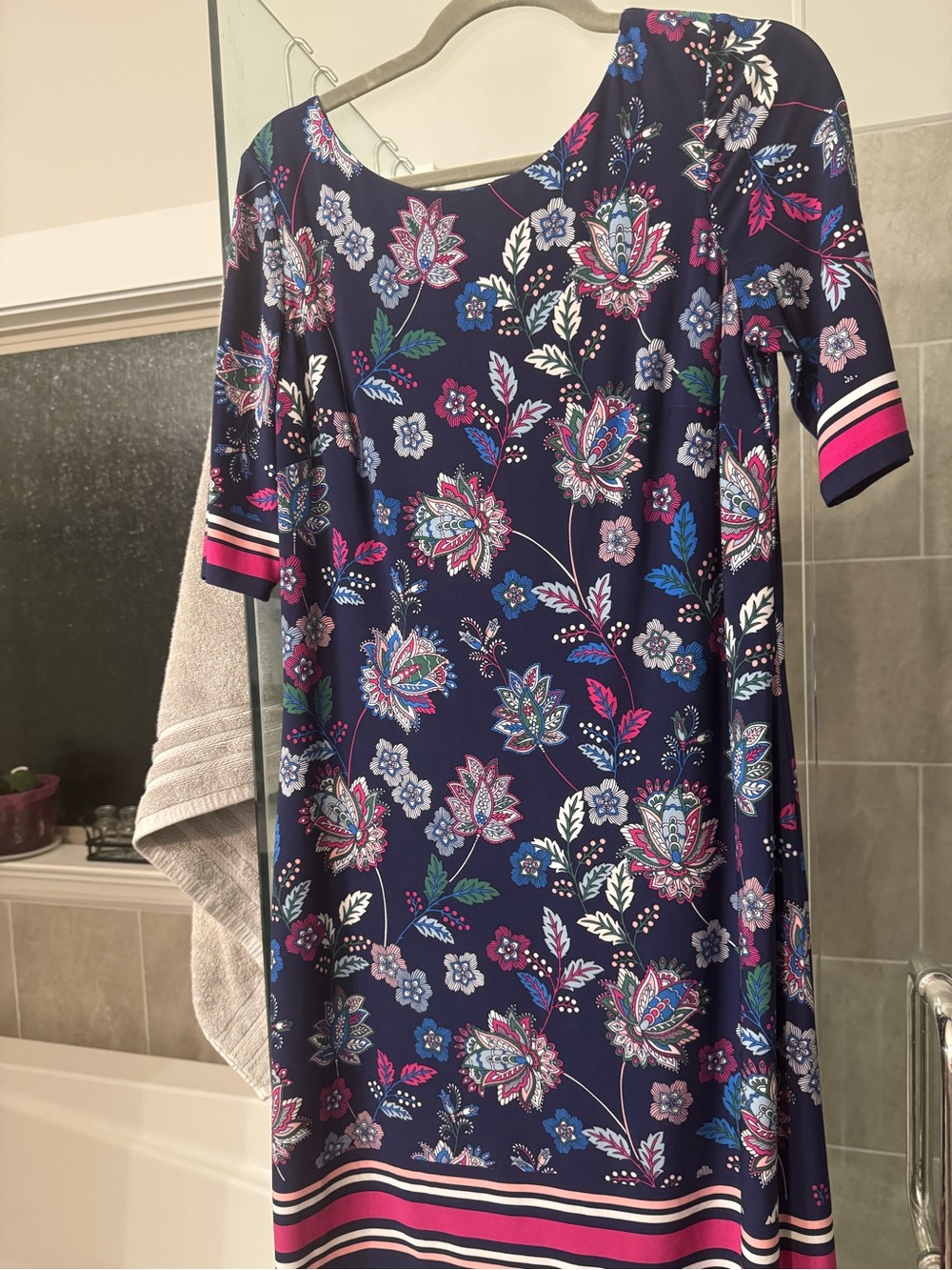 Eliza J Navy Floral Midi Dress with Pink & Blue Accents. Bought at Nordstrom‘s.